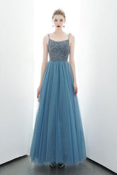 A-line Spaghetti Straps Blue Lace Up Back Beading Tulle Long Prom Dresses DMR84